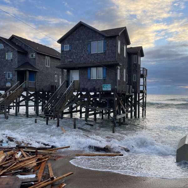 Debris associated with house collapse at 23001 G A Kohler Court in Buxton Sept. 20, 2024. Coastal communities like Buxton are already experiencing sea level rise. Photo: National Park Service