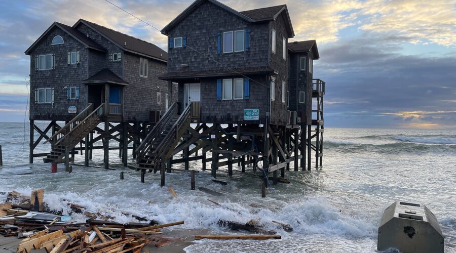 Debris associated with house collapse at 23001 G A Kohler Court in Buxton Sept. 20, 2024. Coastal communities like Buxton are already experiencing sea level rise. Photo: National Park Service