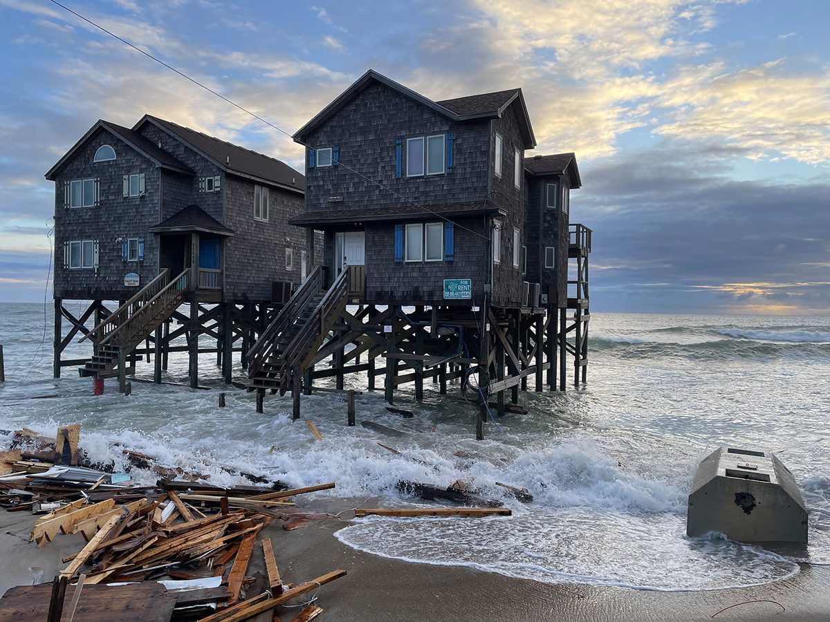 Debris associated with house collapse at 23001 G A Kohler Court in Buxton Sept. 20. Coastal communities like Buxton are already experiencing sea level rise. Photo: National Park Service