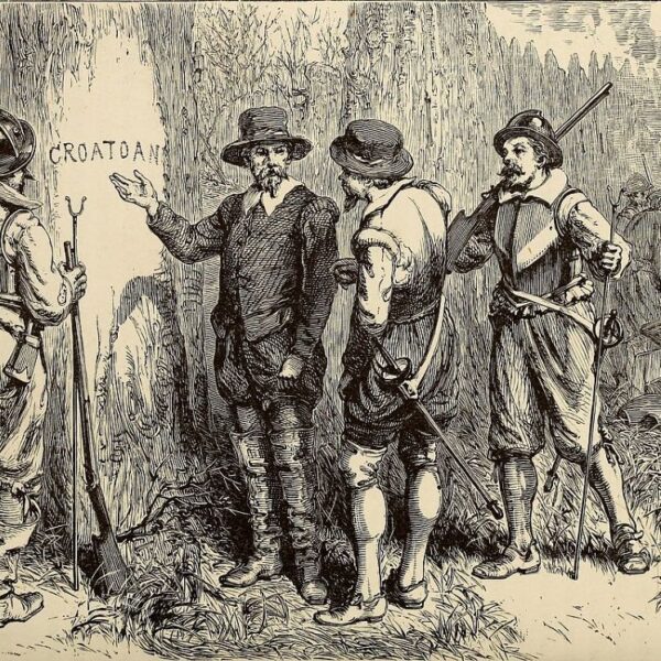 19th-century illustration depicting the discovery of the abandoned colony, 1590. Image: Wikipedia