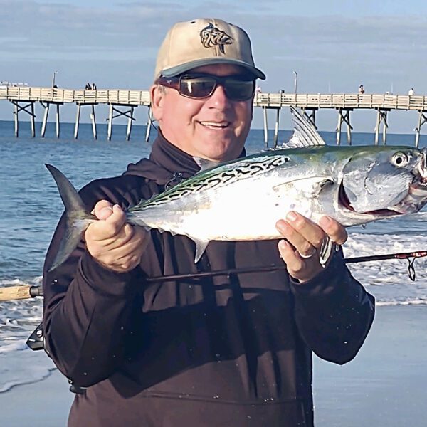 Capt. Gordon shows off a false albacore. If you’re lucky, you can see them crashing in the surf.