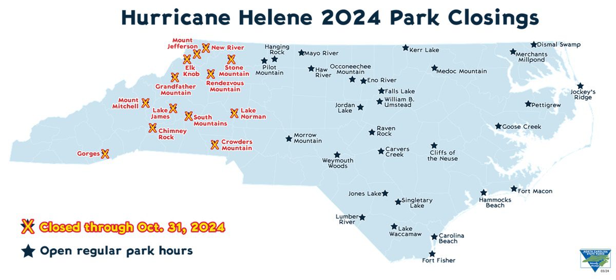 North Carolina State Parks west of Interstate 77 are closed at least through Oct. 31. Map: N.C Parks and Recreation