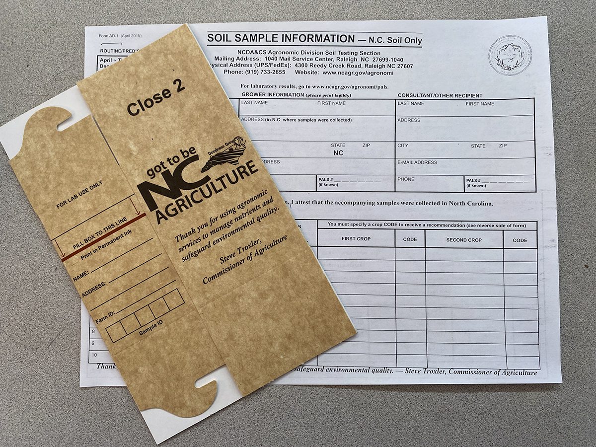 This sample box and information sheet for sending a soil sample to the North Carolina Department of Agriculture and Consumer Services, Agronomics Division, is an invaluable service provided by the state. Photo: Heidi Skinner