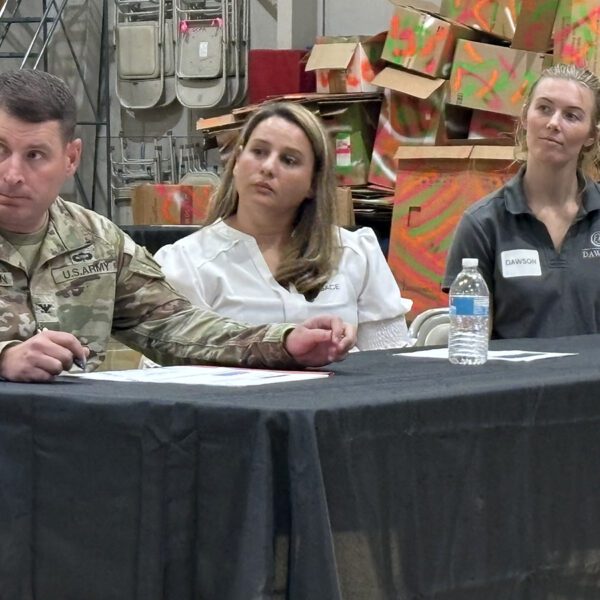 U.S. Army Corps of Engineers Savannah District Commander, Col. Ron Sturgeon, Formerly Used Defense Sites Program Manager Sara Keisler, and Alexandra Jangrell-Tackett, program manager with Dawson, listen to residents Monday during a meeting the Corps hosted at the Fessenden Center in Buxton. Photo: Catherine Kozak