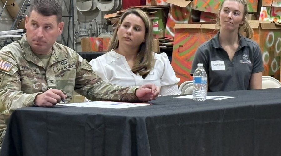 U.S. Army Corps of Engineers Savannah District Commander, Col. Ron Sturgeon, Formerly Used Defense Sites Program Manager Sara Keisler, and Alexandra Jangrell-Tackett, program manager with Dawson, listen to residents Monday during a meeting the Corps hosted at the Fessenden Center in Buxton. Photo: Catherine Kozak