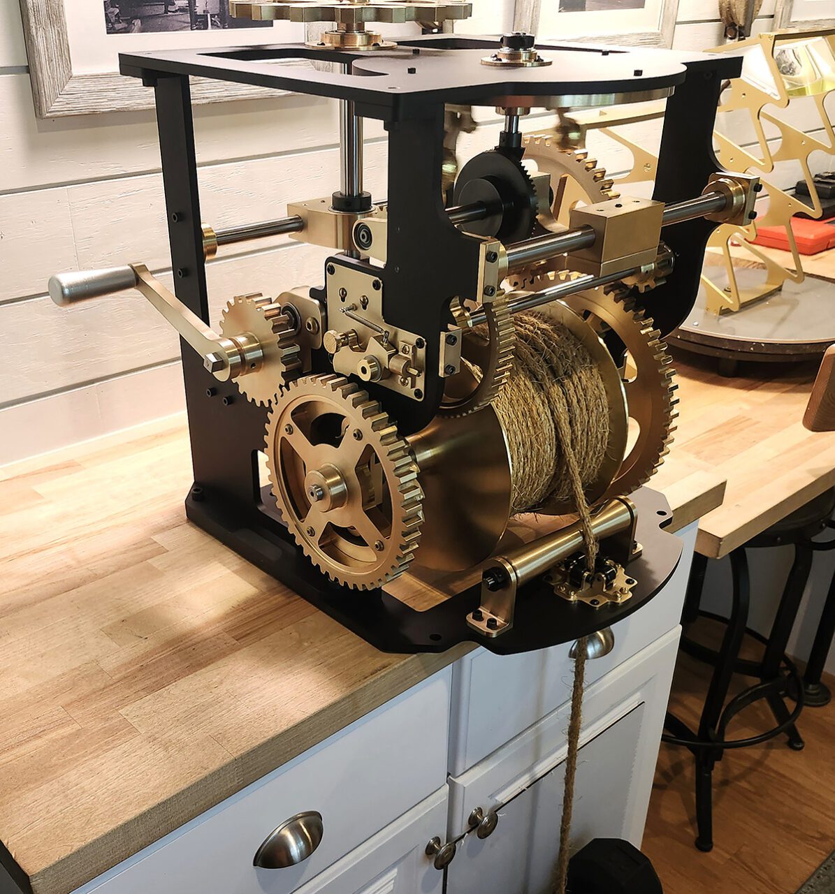 The completed and working Hatteras lens clockwork mechanism is shown on Dan Spinella's workbench in June. Photo: John Havel