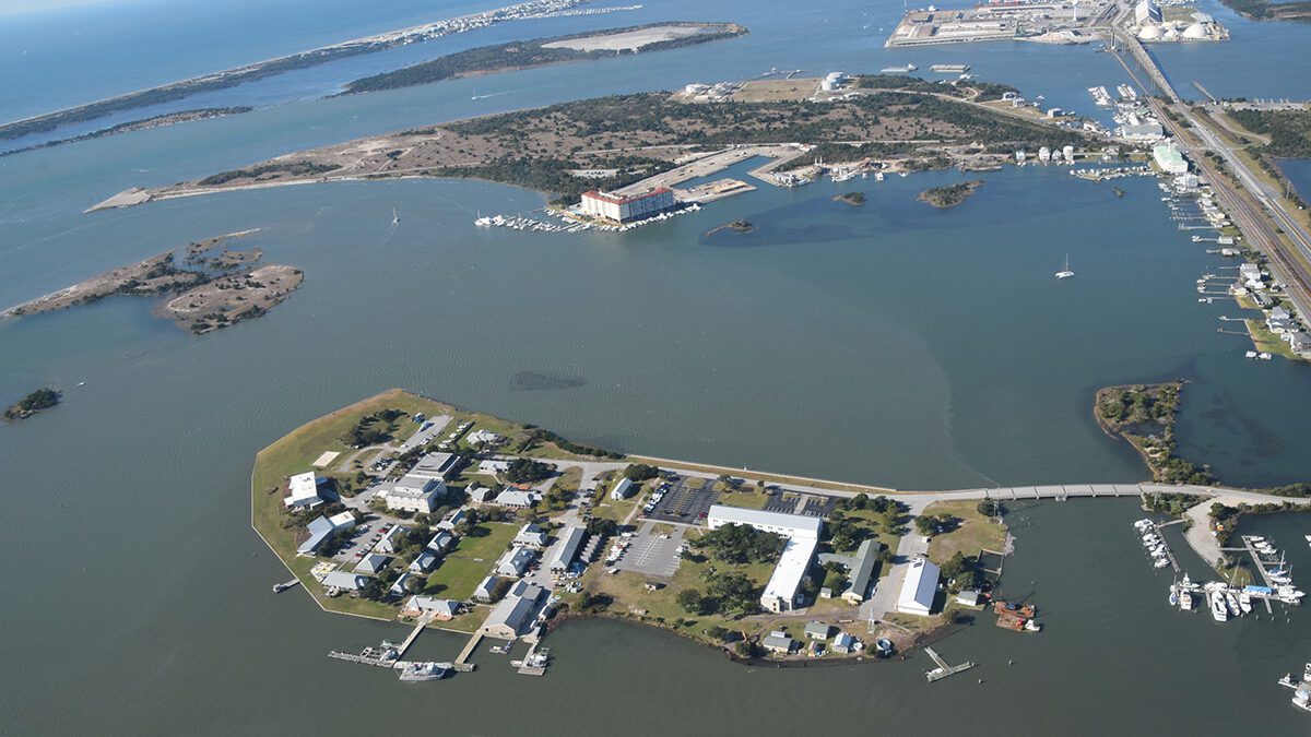 The 24-acre Pivers Island, lower center, in Beaufort is home to the National Oceanic and Atmospheric Administration Lab at right, the North Carolina Coastal Reserve, National Estuarine Research Reserve, and the Duke University Marine Laboratory. Photo: Mark Hibbs