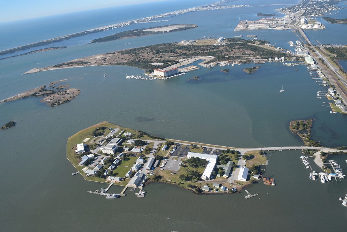 The 24-acre Pivers Island, lower center, in Beaufort is home to the National Oceanic and Atmospheric Administration Lab at right, the North Carolina Coastal Reserve, National Estuarine Research Reserve, and the Duke University Marine Laboratory. Photo: Mark Hibbs