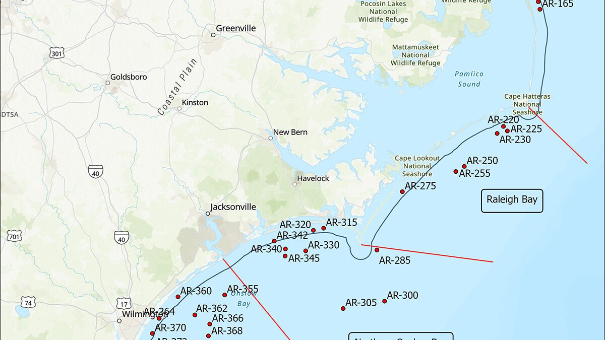 The state Artificial Reef Program seeks to complete one project per year, for a total of five projects, one in each coastal region. Map: Division of Marine Fisheries