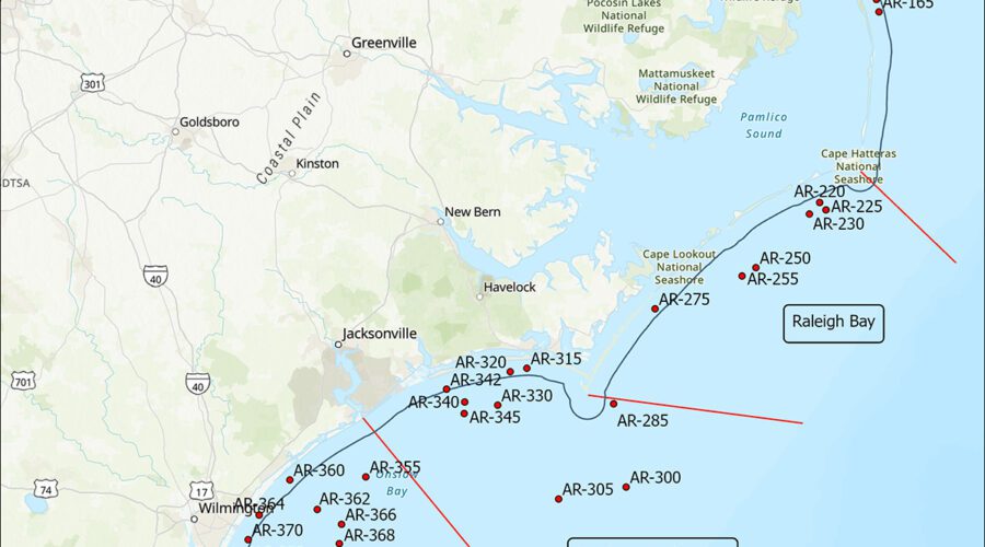 The state Artificial Reef Program seeks to complete one project per year, for a total of five projects, one in each coastal region. Map: Division of Marine Fisheries