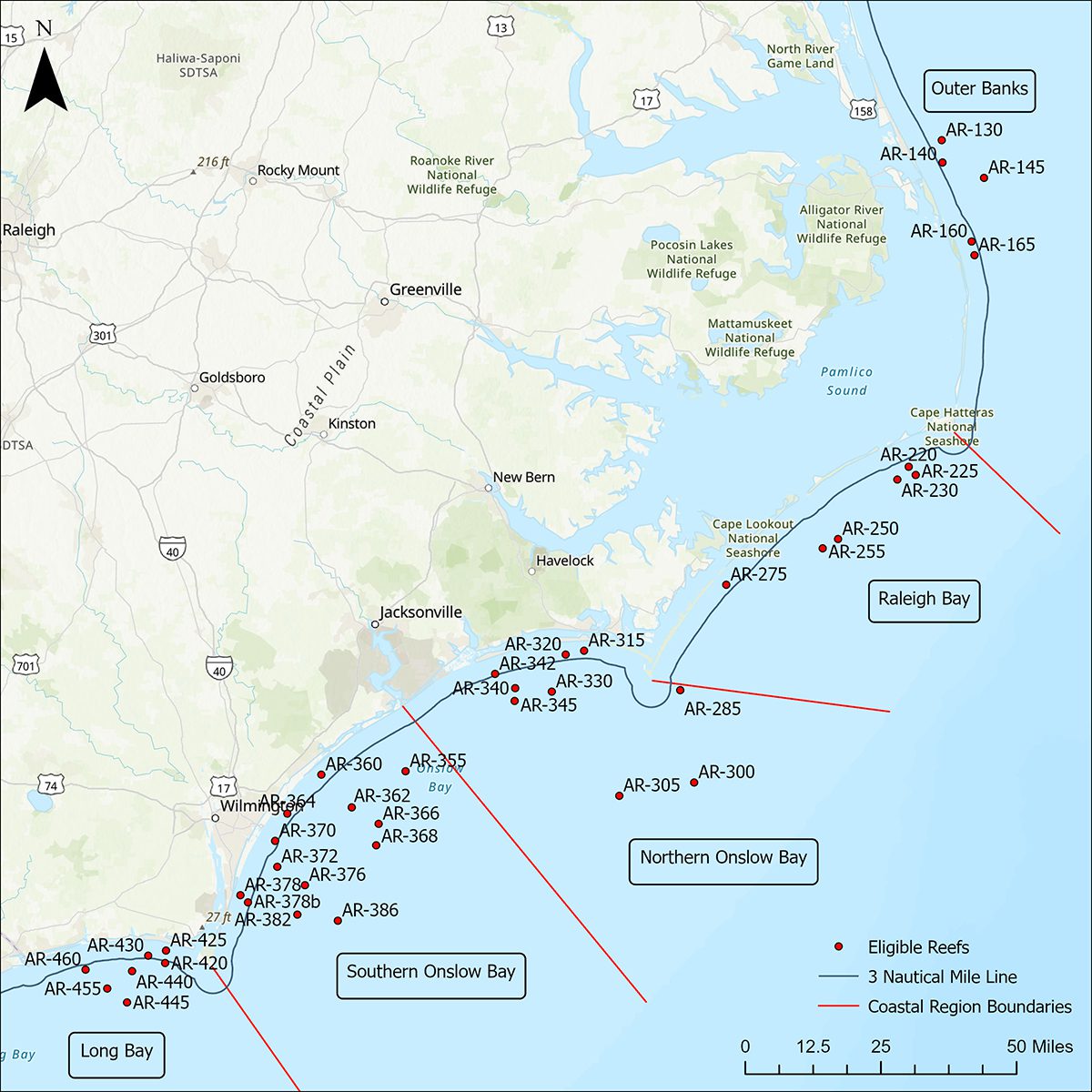 The state Artificial Reef Program seeks to complete one project per year, for a total of five projects, one in each coastal region. Map: Division of Marine Fisheries