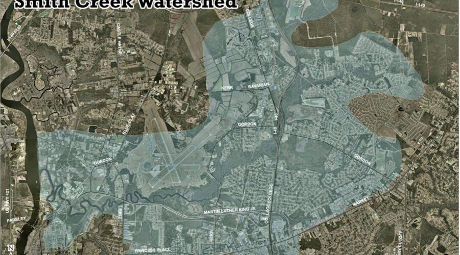 The Smith Creek Watershed in Wilmington encompasses 13,818 acres and 55.2 miles of streams. Map: New Hanover County