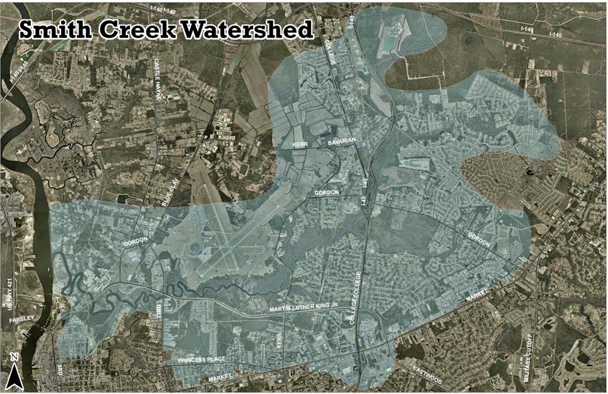 The Smith Creek Watershed in Wilmington encompasses 13,818 acres and 55.2 miles of streams. Map: New Hanover County