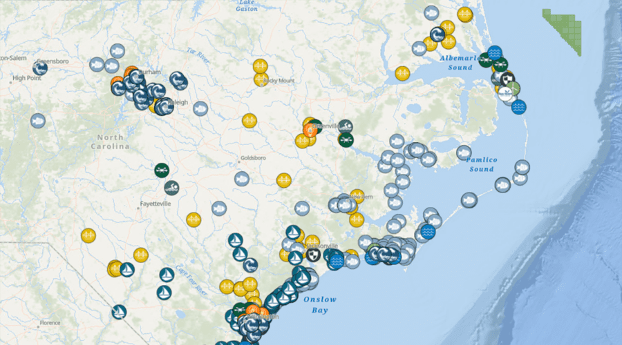 This screenshot of the Blue Economy Assets Map created by the UNCW Center for Innovation and Entrepreneurship maps out blue economy businesses, startups, an other assets in North Carolina.