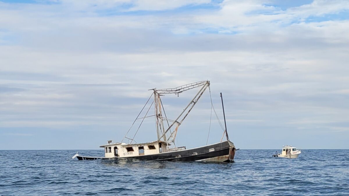 The F/V Alexandria Dawn, shown being sunk last week, now lies on AR-305, off Cape Lookout. Photo: NCDMF