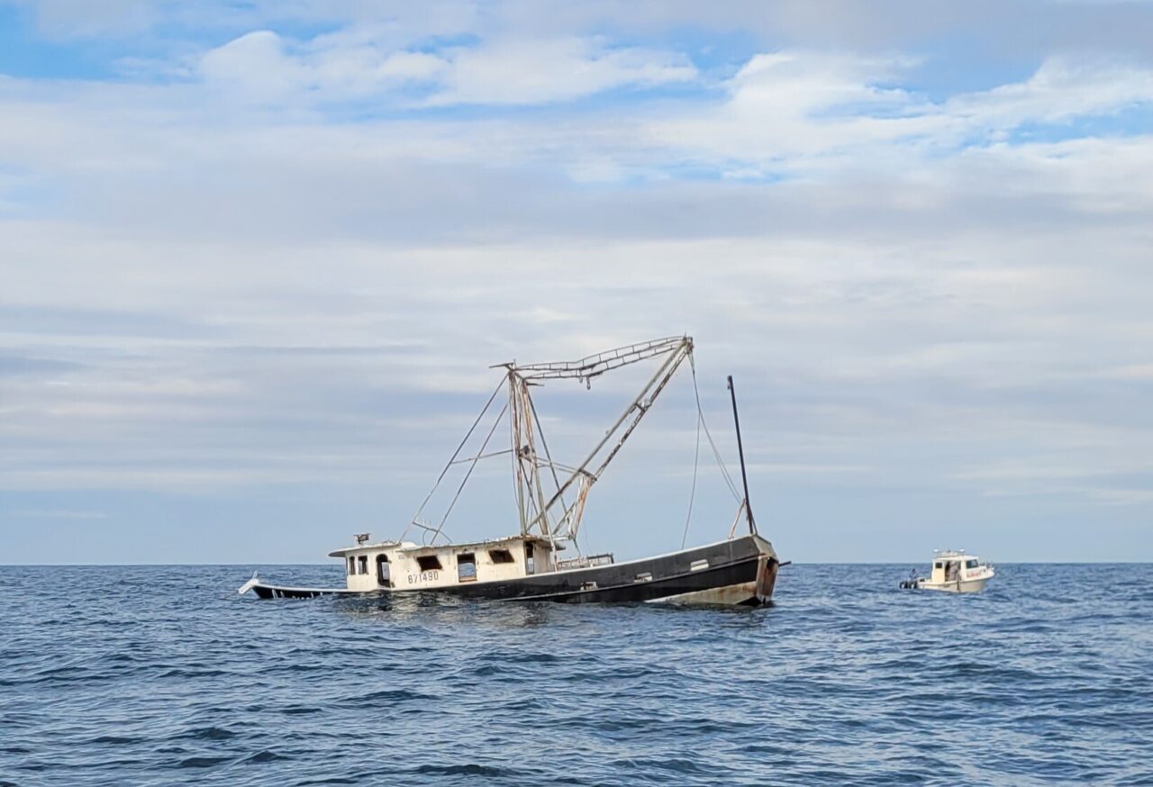 The F/V Alexandria Dawn, shown being sunk last week, now lies on AR-305, off Cape Lookout. Photo: NCDMF