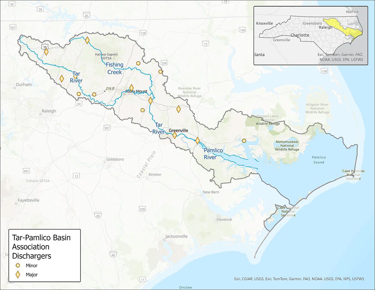 The 15 Tar-Pamlico Basin Association members are permitted for a total 62.5 million gallons of discharge per day but currently discharge about half that amount. Map: DEQ