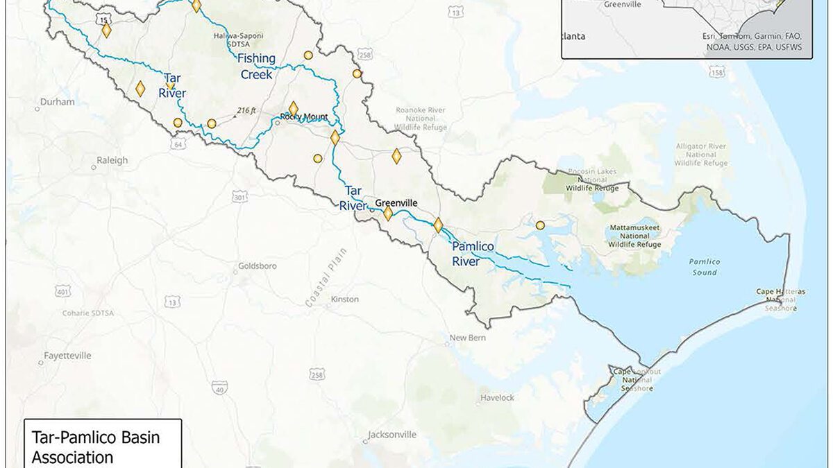 Tar-River Basin Association members are marked with diamonds. North Carolina Department of Environmental Quality staff worked with the basin on proposed wastewater discharge amendments. Graphic: NCDEQ