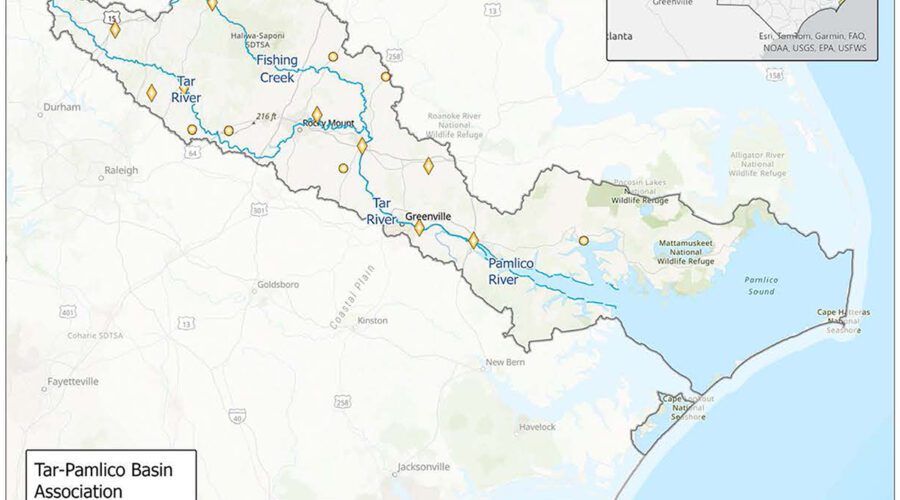 Tar-River Basin Association members are marked with diamonds. North Carolina Department of Environmental Quality staff worked with the basin on proposed wastewater discharge amendments. Graphic: NCDEQ