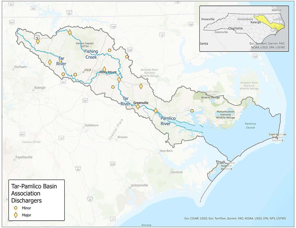 Tar-River Basin Association members are marked with diamonds. North Carolina Department of Environmental Quality staff worked with the basin on proposed wastewater discharge amendments. Graphic: NCDEQ