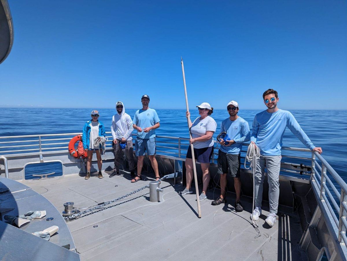 The team of researchers aboard the Duke University marine Lab's Shearwater research vessel test to see if the echoes off plastic marine debris and squid have are similar underwater. Photo: courtesy Greg Merrill Jr.