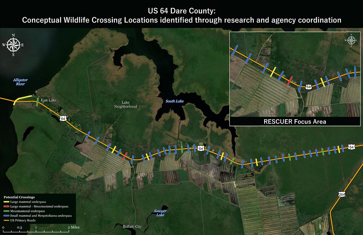 This conceptual wildlife crossings map shows locations identified for the structures. Source: NCDOT grant application