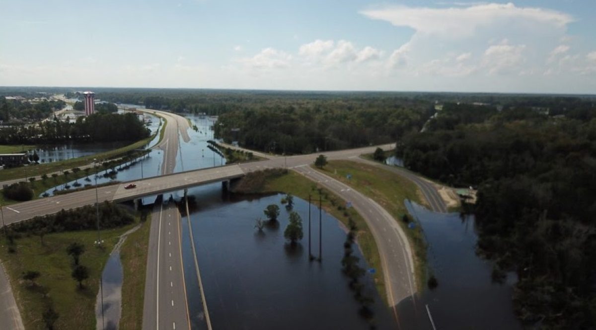 NCDOT aviation officials will develop a drone program to better respond to natural disasters in Lumberton, shown here after Hurricane Florence flooded Interstate 95 in 2018. Photo: NCDOT