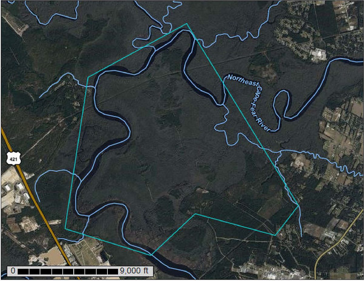 The proposed site of the Hilton Bluffs subdivision is delineated on this 9,000-foot aerial view from the custom soil resource report for New Hanover and Pender counties. New Hanover County documents state that "the limitation for dwellings with or without basements and for small commercial buildings is severe for all the soils on this site."