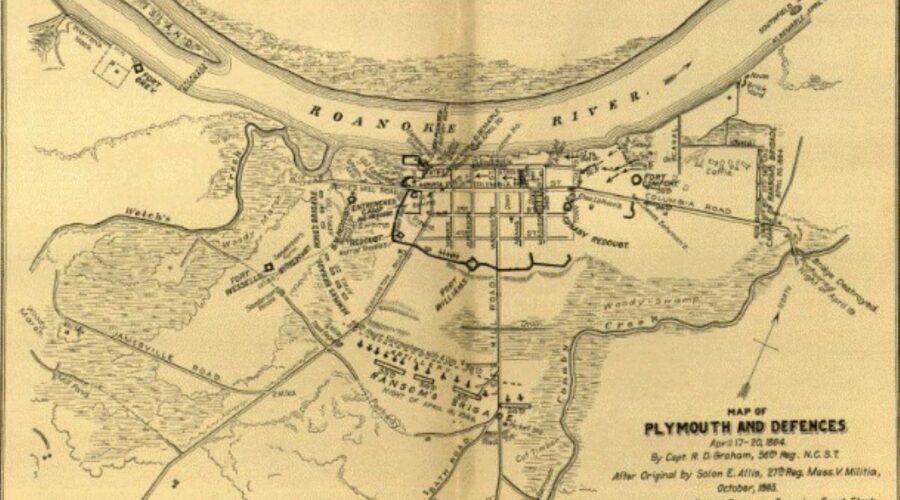 “Map of Plymouth and Defenses, April 17-20, 1864,” by R.D. Graham in 1901, after 1865 original by Solon E. Allis. Courtesy: Port o’ Plymouth Museum in Plymouth