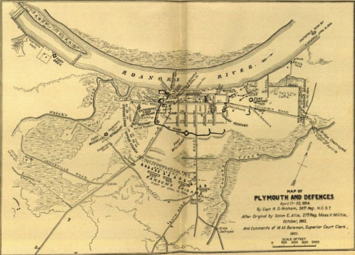  “Map of Plymouth and Defenses, April 17-20, 1864,” by R.D. Graham in 1901, after 1865 original by Solon E. Allis. Courtesy: Port o’ Plymouth Museum in Plymouth