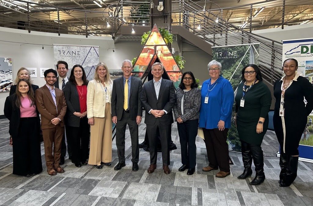 Gov. Josh Stein, center, is flanked by state environmental and U.S. Department of Energy officials and officials at Trane Technologies in Davidson announcing the Energy Saver rebate program earlier this week. Photo: NCDEQ