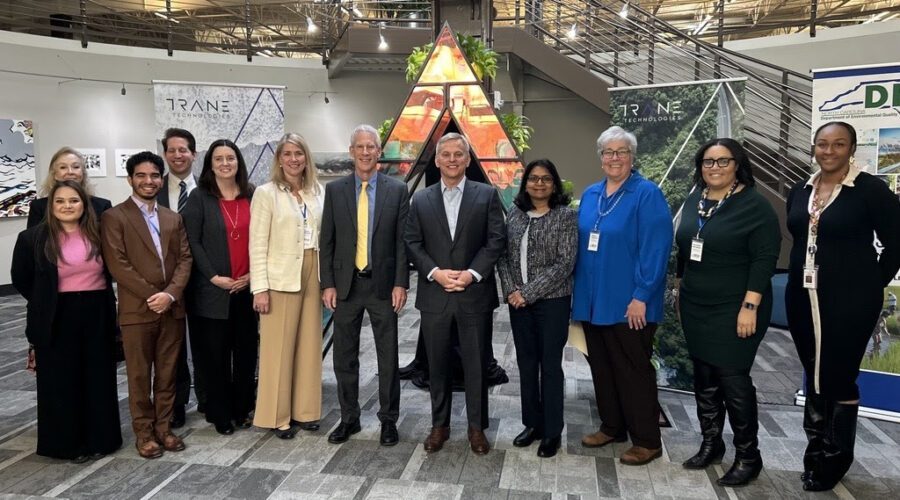 Gov. Josh Stein, center, is flanked by state environmental and U.S. Department of Energy officials and officials at Trane Technologies in Davidson announcing the Energy Saver rebate program earlier this week. Photo: NCDEQ