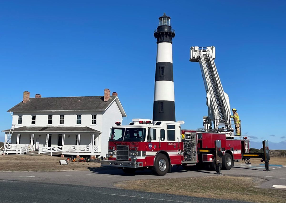 A Roanoke Island Volunteer Fire Department is shown parked next to the Bodie Island Double Keepers’ Quarters in this National Park Service photo released Tuesday.