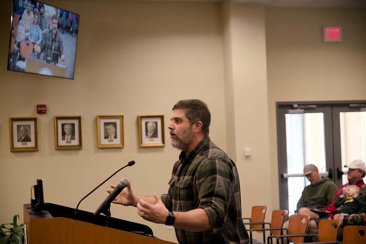 Justin Bateman speaks Wednesday during the public comment portion of a special meeting of the Dare County Board of Commissioners. Photo: Kip Tabb