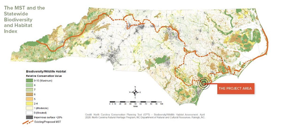 The Mountains-to-Sea Trail winds through some of North Carolina's most biodiverse habitat. Map: Friends of the Mountains-to-Sea Trail.