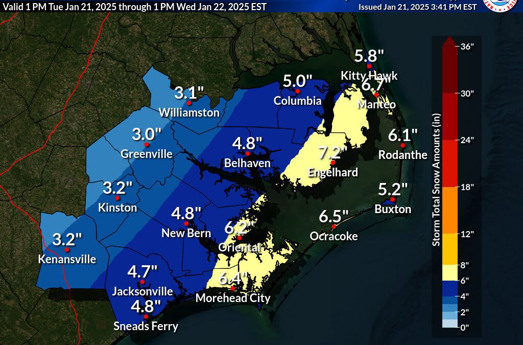 Expected snowfall graphic released Tuesday afternoon by National Weather Service Morehead City/Newport office.