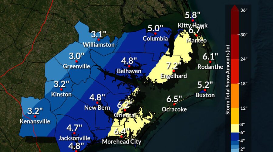 Expected snowfall graphic released Tuesday afternoon by National Weather Service Morehead City/Newport office.