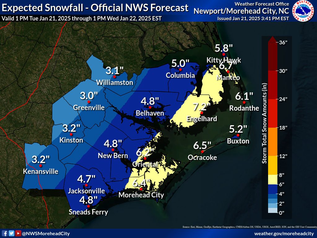 Expected snowfall graphic released Tuesday afternoon by National Weather Service Morehead City/Newport office.