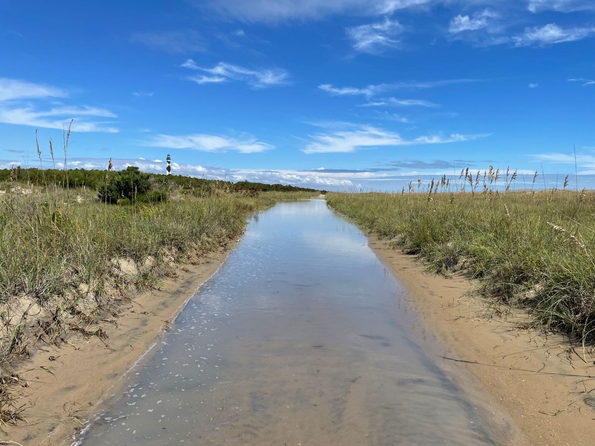 The back road facing Cape Lookout Lighthouse is flooded Sept. 17, 2024, following Potential Tropical Cyclone 8. Photo: National Park Service