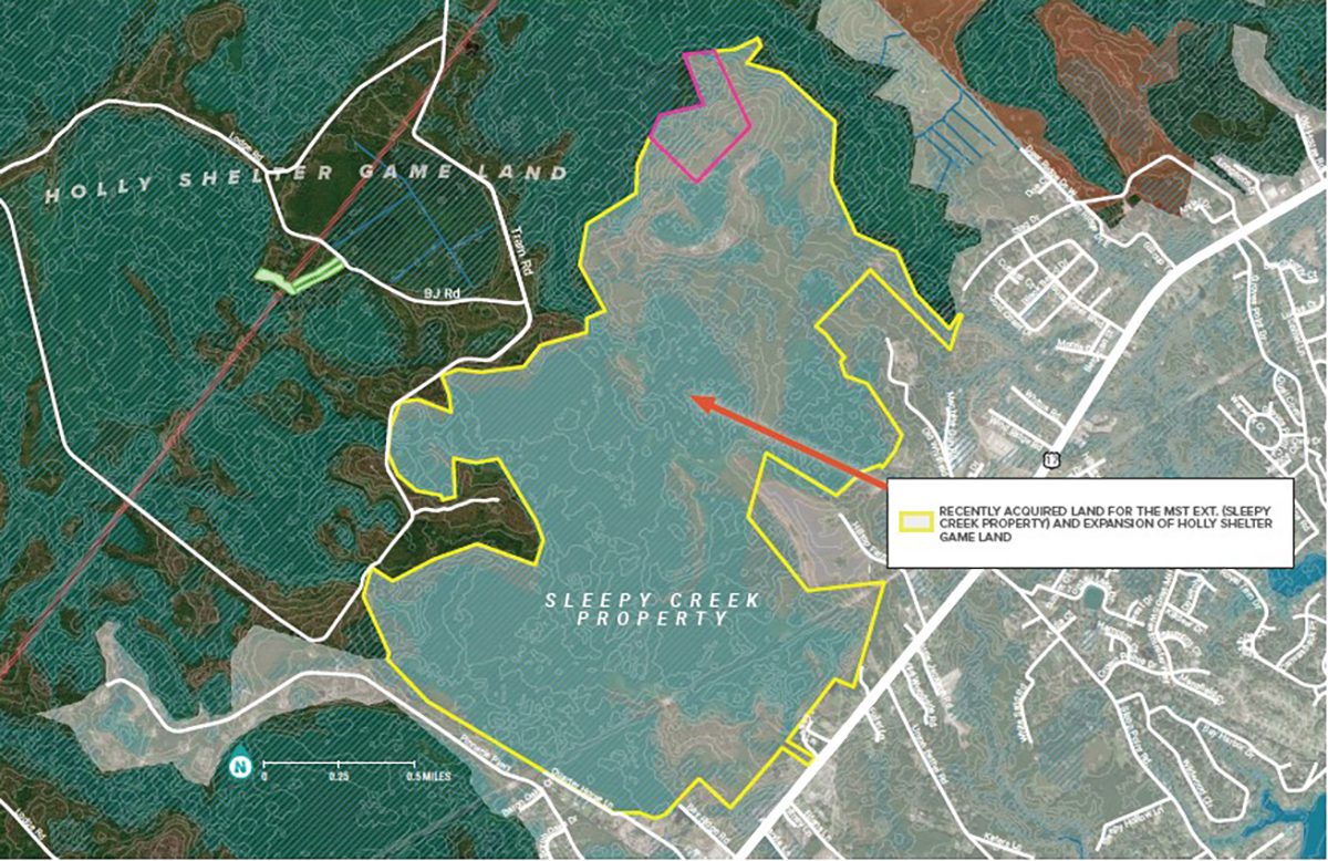 The Sleepy Creek parcel that is part of the Holly Shelter Game Land expansion is outlined in yellow on this map from the Friends of the Mountains-to-Sea Trail.