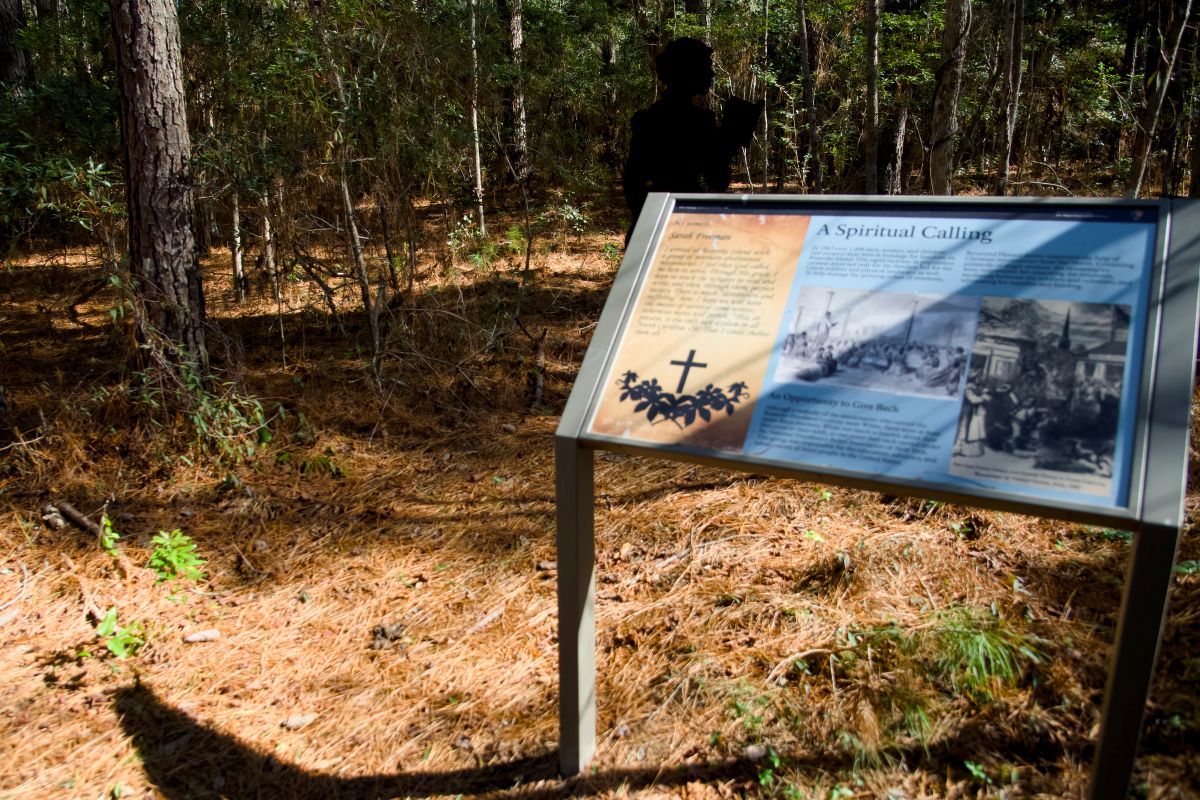 The sign "A Spiritual Calling" with a silhouette representing Sarah Freeman, who was a missionary teacher. Photo: Kip Tabb