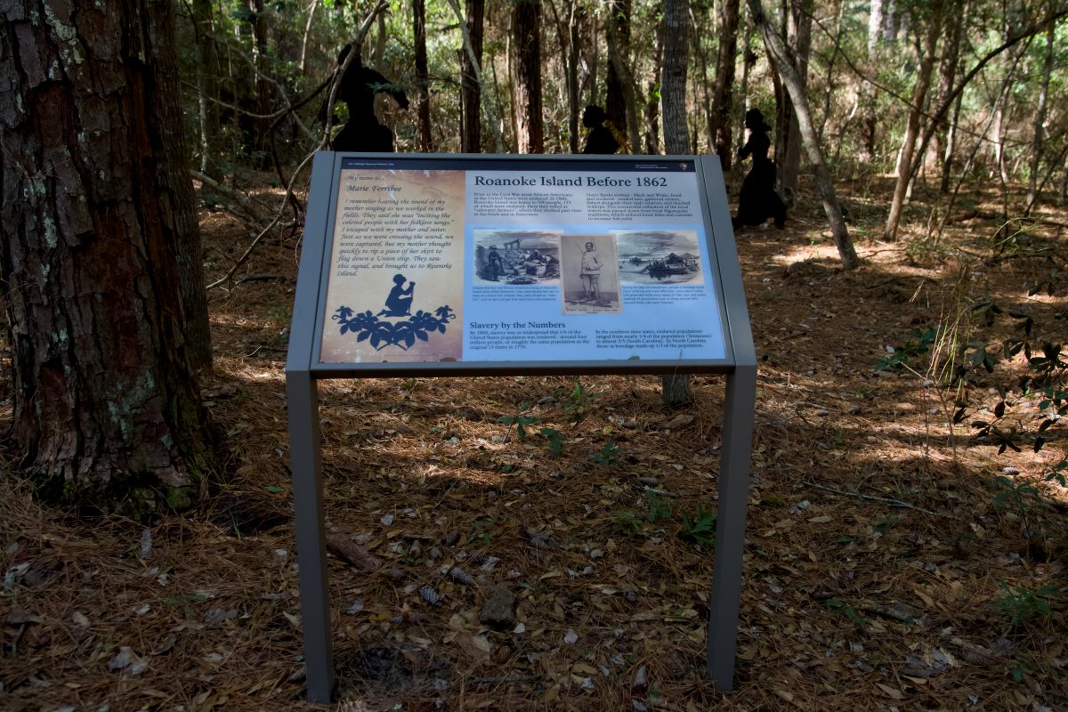 The sign, "Roanoke Island Before 1862," on the Freedom Trail at Fort Raleigh National Historic Site. Photo: Kip Tabb