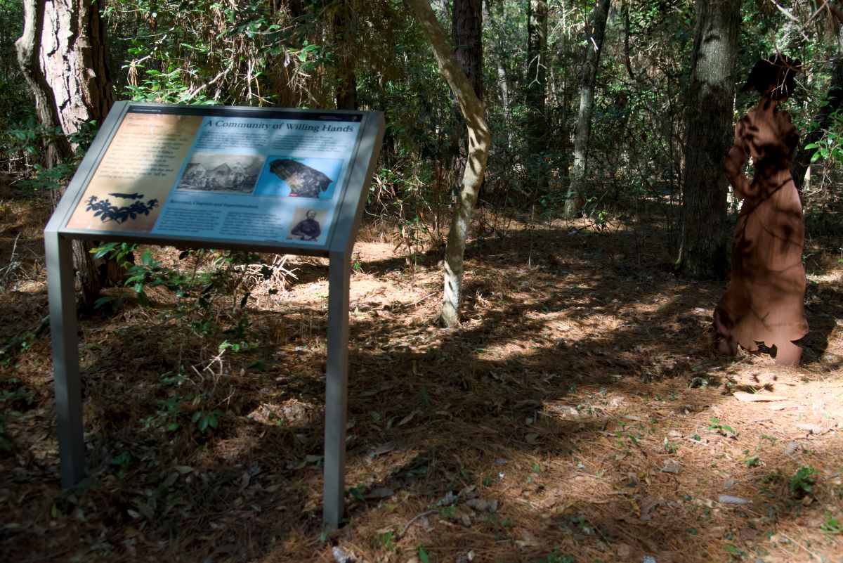 "A community of Willing Hands" interpretive sign and silhouette representing Fanny Whitney, whose family was enslaved in Hyde County but moved to Roanoke Island after being freed by the Union Army. Photo: Kip Tabb