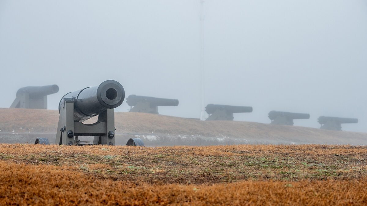 Fog blankets that cannons Monday at Fort Macon State Park at the east end of Bogue Banks in Carteret County. Photo: Dylan Ray 