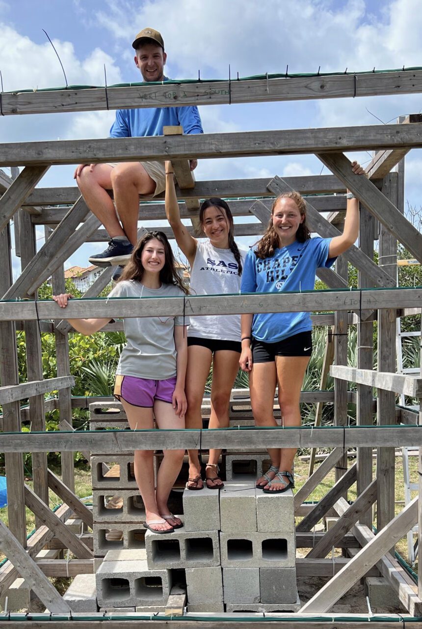 UNC students, counter-clockwise from top, Lewis Naisbett-Jones, Tara Hinton, Dana Lim and Kayla Goforth construct a magnetic coil system in Florida to study how young sea turtles use the Earth’s magnetic field to navigate. Photo: Ken Lohmann.