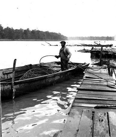 Herring fisherman, Roanoke River, Plymouth, N.C., May 1939. During the early years of the Great Depression, W. A. Griffin also sold vast quantities of the herring’s scales to an out-of-state manufacturer of artificial pearls and other jewelry. The use of fish scales to make artificial pearls was not new, but artificial pearls produced that way reached an unprecedented level of popularity in the U. S. and Europe in the first half of the 20th century. To make those so-called “Roman pearls” or “Majorica pearls,” manufacturers typically coated glass beads or mother-of-pearl with a fish-scale emulsion that mimicked the look and hardness of natural pearls. In the 1920s, cosmetic companies also began to use that kind of fish-scale emulsion in the production of lipstick, eye-liner, and other products. Photo by Bill Sharpe. Courtesy, State Archives of North Carolina