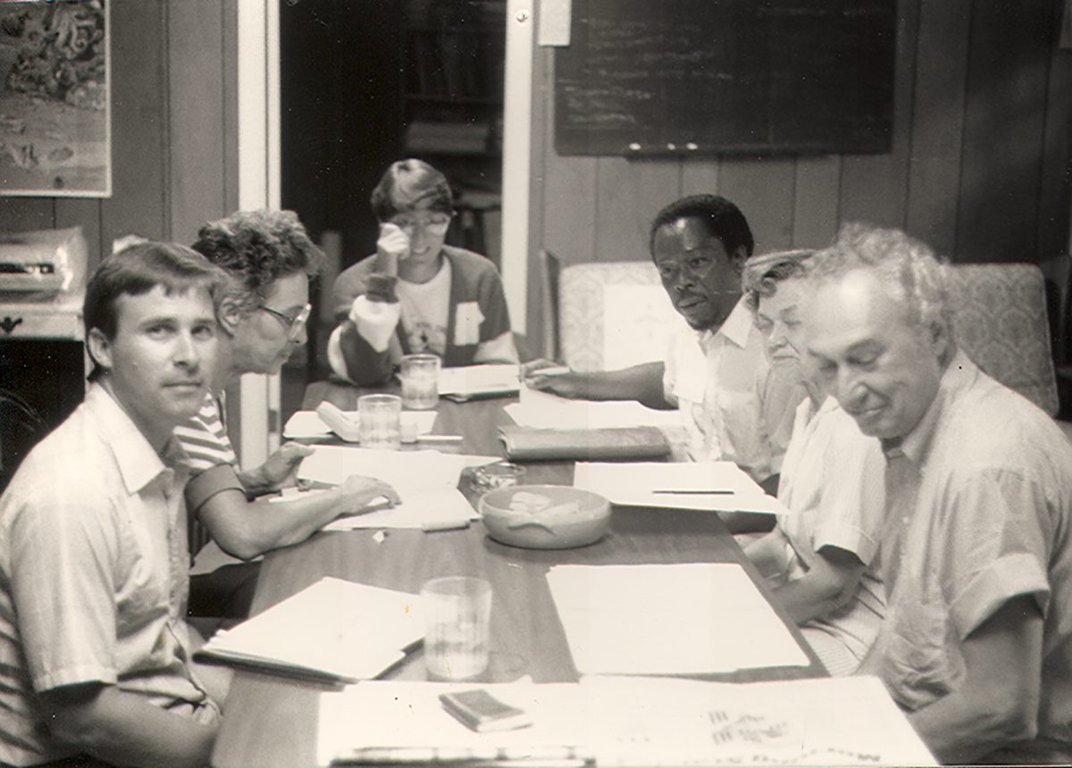 The North Carolina Coastal Federation executive committee meets circa 1988 with Don Ensley, top right, presiding, along with, from left, Roger Mays of New Bern, Lena Ritter of Holly Ridge, Development Director Donna Agnew, Sarah Hamilton of Morehead City, and Paul Foster of Wilmington. 