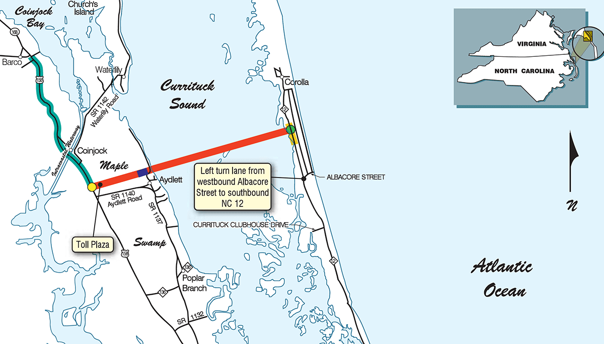 The proposed bridge would span over Currituck Sound from Aydlett to south of Corolla. Map: N.C. Department of Transportation