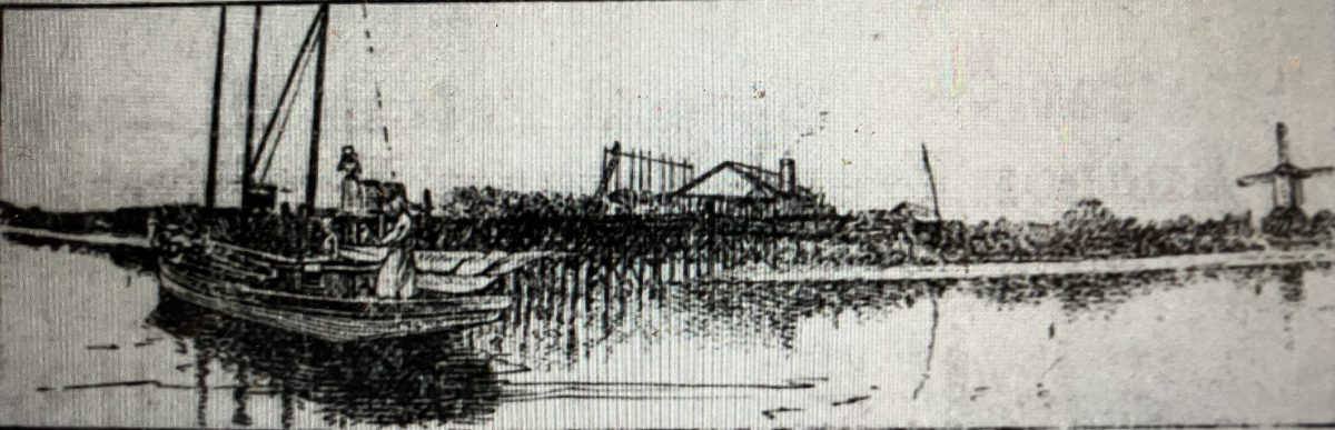 The naphtha launch Violet coming into the Straits east of Beaufort, in the Down East part of Carteret County, N.C. In the distance, we can see a windmill and a menhaden factory on Harkers Island. (Raleigh News & Observer, 13 May 1903)