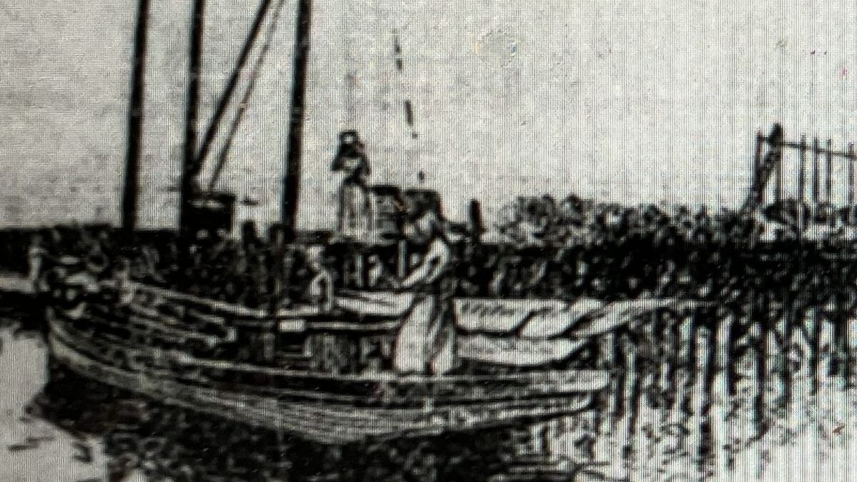 The naphtha launch Violet coming into the Straits east of Beaufort, in the Down East part of Carteret County, N.C. In the distance, we can see a windmill and a menhaden factory on Harkers Island. (Raleigh News & Observer, 13 May 1903)